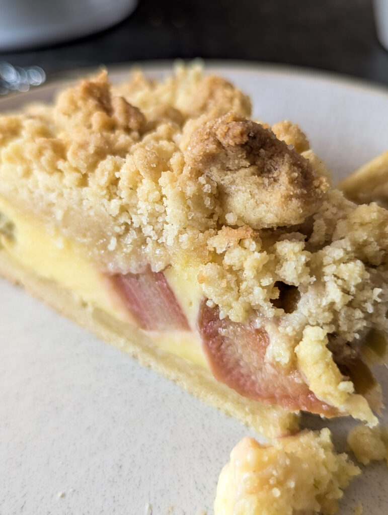 Nahaufnahme eines Stücks Rhabarber Pudding Kuchen mit Streuseln – cremige Vanillepuddingschicht und zarter Mürbteigboden gut erkennbar